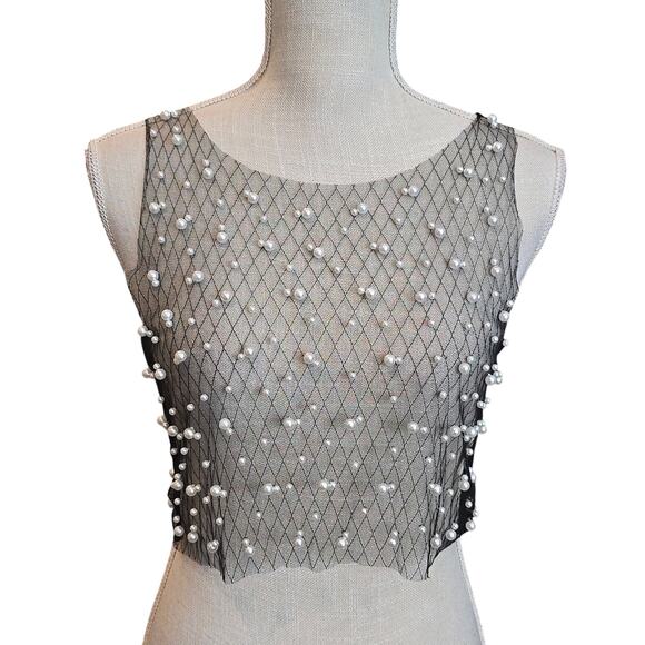 Shein Black Mesh Sexy Pearl Cropped Tank Top Sz. Medium - Picture 1 of 4